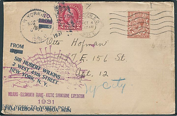 2 cents Washington stemplet New York d. 8.5.1931 og 1½d George V stemplet London d. 4.10.1931 på Wilkins-Ellsworth Trans-Arctic Submarine Expedition 1931 brev befordret med ubåd fra New York til Nordpolen. Et mærke med skader.