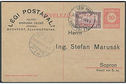 10 f. helsagsbrevkort opfrankeret med 8/10 kr. Luftpost provisorium sendt som luftpost med særstempel Legi Posta Budapest d. 15.11.1920 til Sopron.
