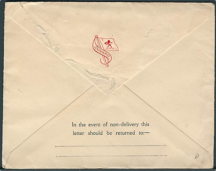 1½d George V på fortrykt Cunard line kuvert annulleret med skibsstempel Plymouth Devon / Paquebot Posted at Sea d. 9.7.1933 til Lynchburg, USA.