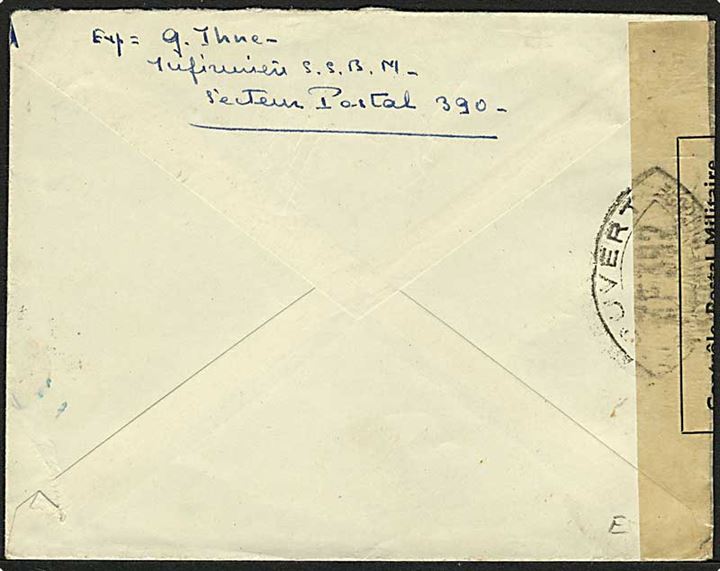 2,50 fr. frankeret brev stemplet Puligny Mon.. d. 23.2.1940 til Zürich. Åbnet af fransk censur i Lyon (WF 392). På bagsiden angivet særlig dækadresse Sector Postal 390, som blev benyttet at soldater til korrespondance med udlandet 1939-1940.