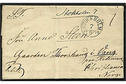 1848. Lille franco-foldebrev med indhold stemplet Stockholm d. 7.8.1848 til Gaarden Thorshaug i Vang paa Hedemarken, Christiania, Norge.