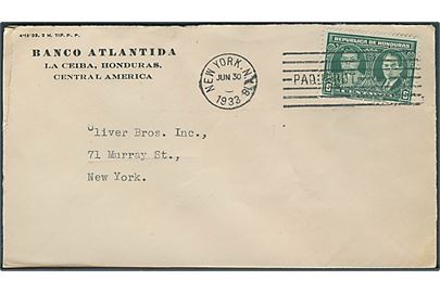 6 c. på brev fra La Ceiba annulleret med amerikansk skibsstempel New York / Paquebot d. 30.6.1933 til New York, USA.