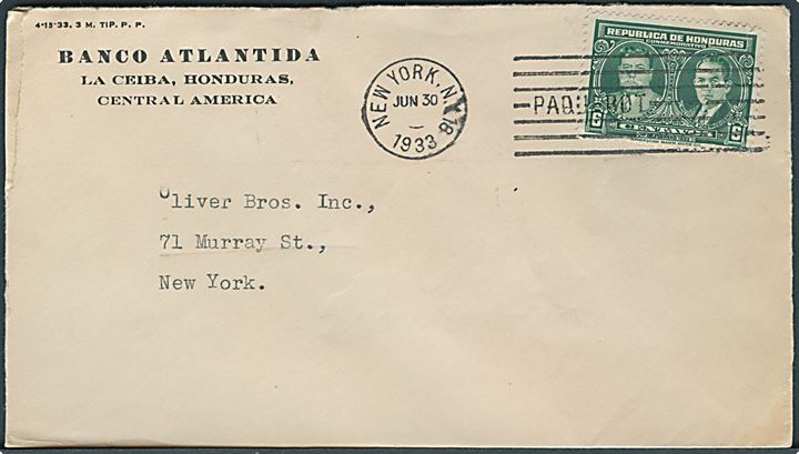 6 c. på brev fra La Ceiba annulleret med amerikansk skibsstempel New York / Paquebot d. 30.6.1933 til New York, USA.