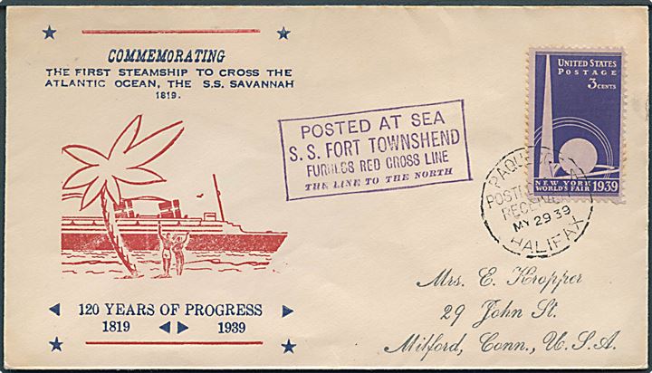 3 cents på illustreret særkuvert annulleret med canadisk skibsstempel Paquebot Posted at sea received Halifax d. 29.5.1939 til Milford, USA. Privat skibsstempel fra S/S Ford Townshend.