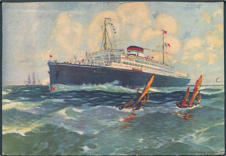 1d Franklin på brevkort (Italiensk passagerskib Saturnia eller Vulcania) stemplet Boston d. 26.7.1937 og sidestemplet Paquebot til North Bergen, USA.