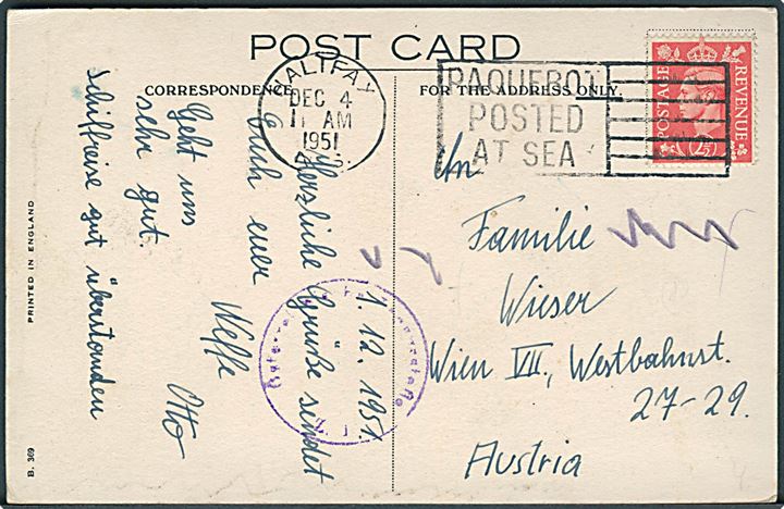 2½d George VI på brevkort (Cunard R.M.S. Ascania) annulleret med canadisk skibsstempel Halifax N.S. / Paquebot Posted at Sea d. 4.12.1951 til Wien, Østrig. Østrigsk efterkrigscensur.