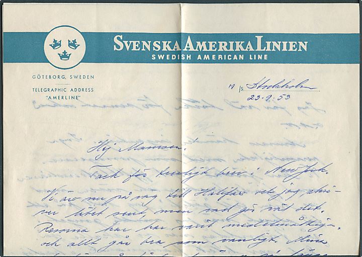 15 c. på fortrykt kuvert fra Svensk Amerika Linie annulleret med canadisk skibsstempel Paquebot Posted at sea received Halifax d. 24.9.1953 til Göteborg, Sverige. Skrevet ombord på M/S Stockholm. 