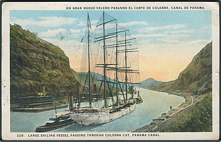 2 cents Washington på brevkort (Sejlskib i Panamakanalen) annulleret med skibsstempel Cristibal C. Z. Paquebot d. 13.3.1925 via Panama til Göteborg, Sverige.