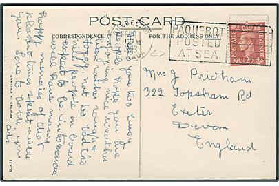 2d George VI på brevkort (Cunard R.M.S. Franconia) annulleret med canadisk skibsstempel Quebec / Paquebot Posted at Sea d. 11.9.1953 til Exeter, England.