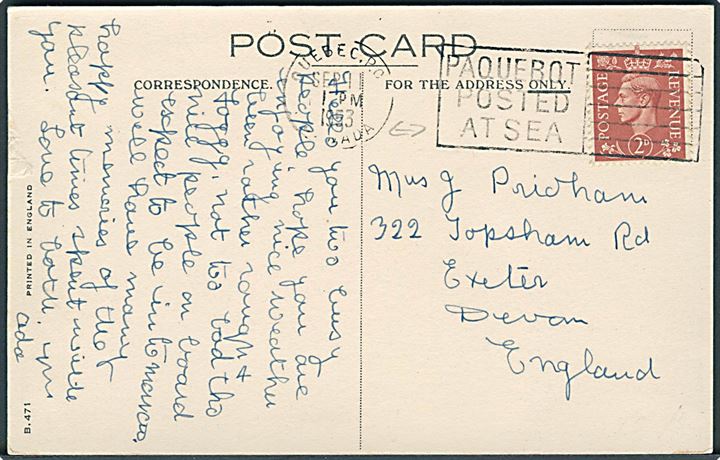 2d George VI på brevkort (Cunard R.M.S. Franconia) annulleret med canadisk skibsstempel Quebec / Paquebot Posted at Sea d. 11.9.1953 til Exeter, England.