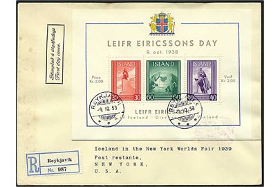 Leifr Eiricsson blok udg. på anbefalet FDC stemplet Reykjavik d. 9.10.1938 til New York, USA.