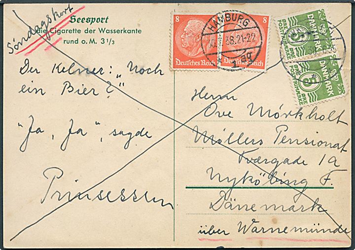 Tysk 8 pfg. Hindenburg (2) stemplet Hamburg d. 30.7.1938 og dansk 5 øre Bølgelinie (2) stemplet Nykøbing Fl. d. 31.7.1938 på reklamepostkort (Seesport cigaretter) sendt som søndagsbrevkort til Nykøbing F., Danmark. Påskrevet: via Warnemünde.