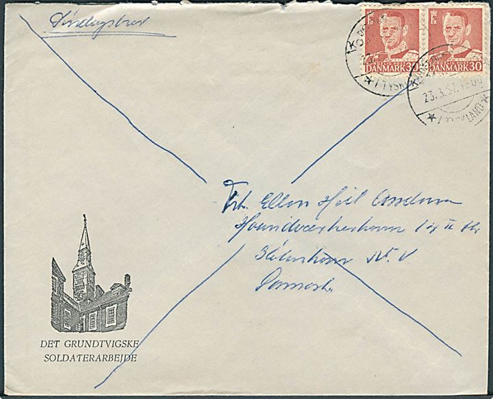 30 øre Fr. IX i parstykke på Det grundtvigske Soldaterarbejde kuvert stemplet Det danske Kommando / * i Tyskland * d. 23.3.1957 til København.
