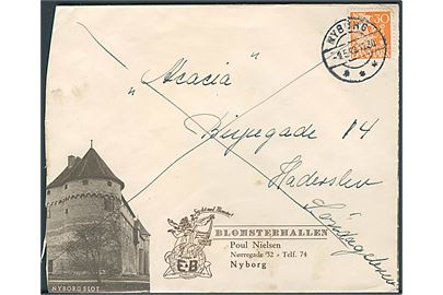 30 øre Karavel på illustreret firmakuvert fra Blomsterhallen sendt som søndagsbrev fra Nyborg d. 9.5.1942 til Haderslev.