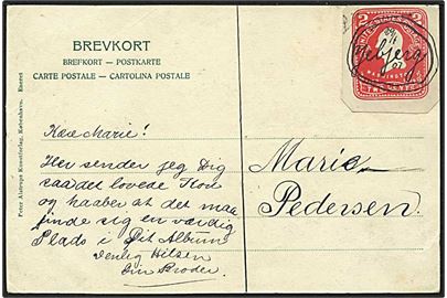 Amerikansk 2 cents helsagsafklip på brevkort (Jebjerg) annulleret med tegnet stempel Jebjerg d. 29.4.1907. Sjov privatfremstillet forsendendelse.