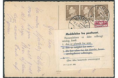 5 øre Bølgelinie og 25 øre Fr. IX (3) på søndagsbrevkort fra Nykøbing Fl. d. 9.8.1964 til Nykøbing Fl. Påsat meddelelse F7 (2-57 A8) vedr. forsendelsen afsendt for sent til udbringning søndag.