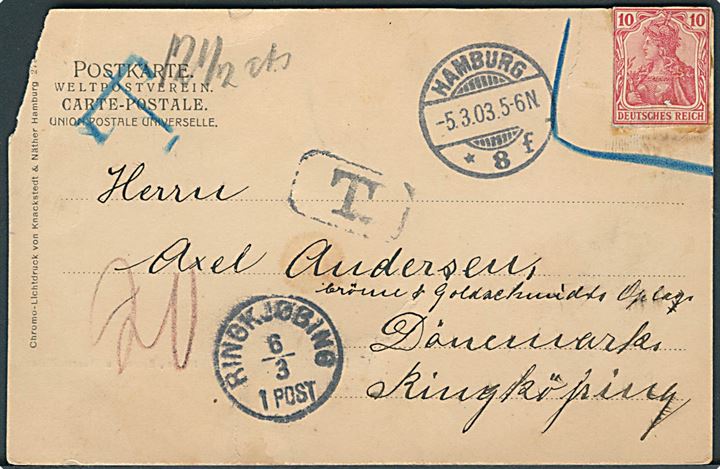 10 pfg. helsagsafklip som frankering på brevkort fra Hamburg d. 5.3.1902 til Ringkjøbing, Danmark. Frankering markeret ugyldig og udtakseret i 20 øre dansk porto.