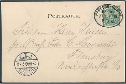 5 pfg. Reichpost Germania på brevkort annulleret med bureaustempel Hamburg - Husum Bahnpost Zug 1006 d. 2.10.1900 til Flensburg.