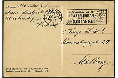 Ufrankeret fortrykt Interneret Forsendelse brevkort stemplet København d. 23.9.1943 til Aalborg. Fra interneret soldat på Sundpark Skole, Wittenberggade, København.