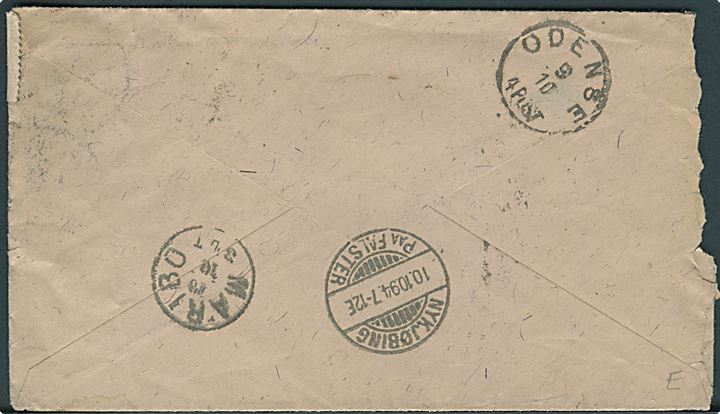 20 pfg. Adler (2) på anbefalet brev fra Hamburg d. 8.10.1894 til Odense, Danmark - eftersendt til Maribo og Nykjøbing F. Flosset i venstre side.
