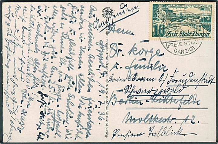 10 pfg. Ostseebad Brösen 125 år på brevkort (Zoppot set fra luften) stemplet Zoppot (Freie Stadt Danzig) d. 20.7.1936 til Berlin - eftersendt.