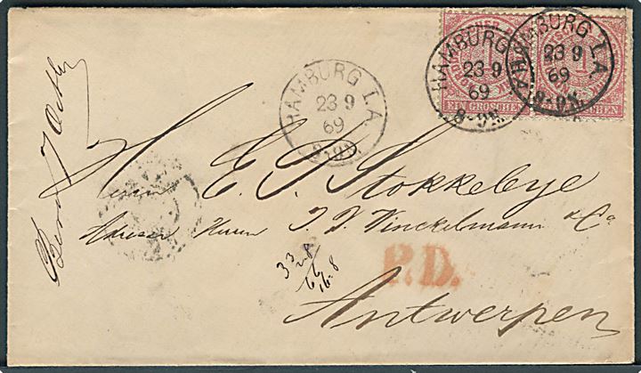 1 gr. i parstykke på brev fra Hamburg d. 23.9.1869 til Antwerpen, Belgien.