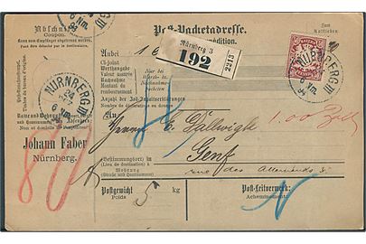10 pfg., 20 pfg. og 50 pfg. Våben på for- og bagside af adressekort for pakke fra Nürnberg d. 24.12.1894 til Geneve, Schweiz.