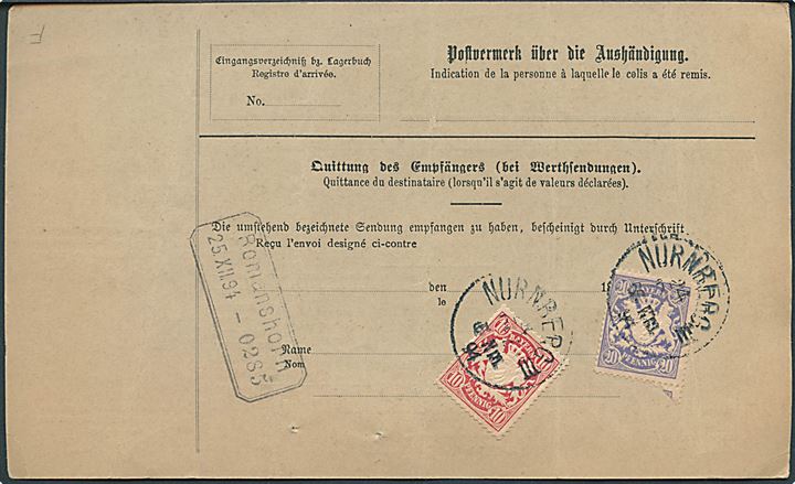 10 pfg., 20 pfg. og 50 pfg. Våben på for- og bagside af adressekort for pakke fra Nürnberg d. 24.12.1894 til Geneve, Schweiz.