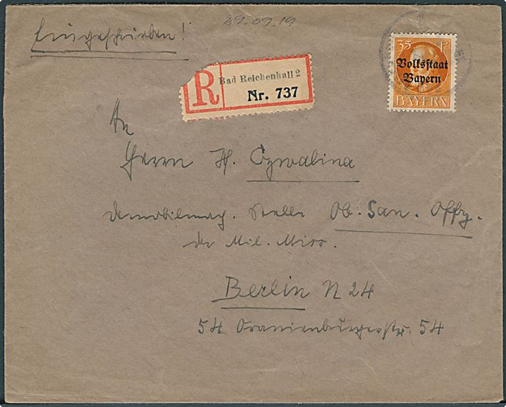 35 pfg. Volksstaat Bayern provisorium single på anbefalet brev fra Bad Reichenhall d. x.9.1919 til Berlin.