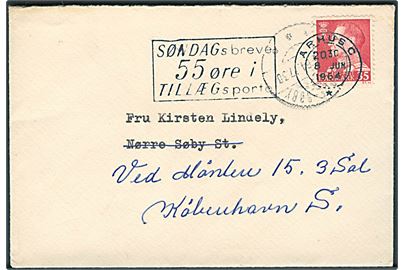 35 øre Fr. IX på lille brev annulleret med TMS SØNDAGs breve 55 øre i TILLÆGsporto/Århus C. d. 8.6.1964 til Nørre Søby - eftersendt til København.