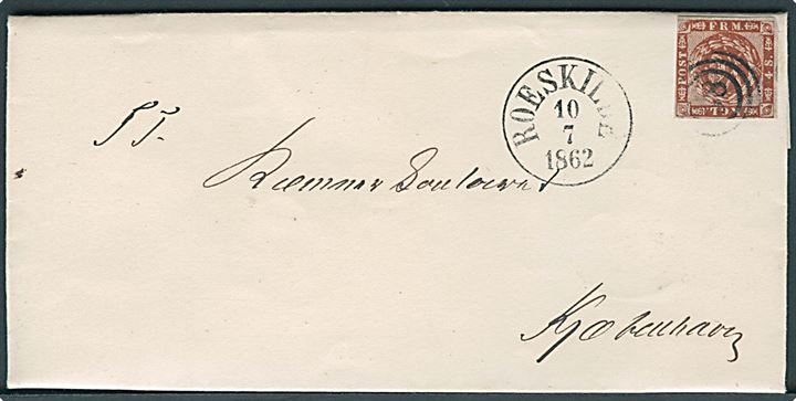 4 sk. 1858 udg. på brev annulleret med nr.stempel 58 og sidestemplet antiqua Roeskilde d. 10.7.1862 til Kjøbenhavn.