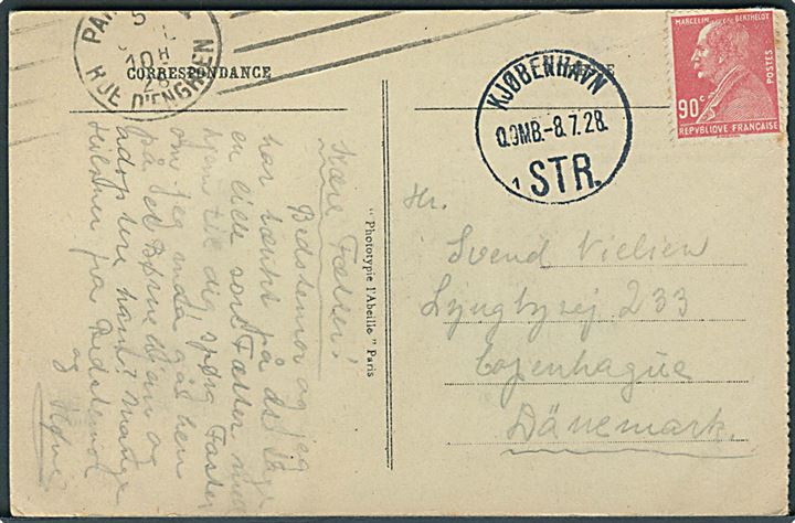90 c. Berthelot på brevkort fra Paris d. 5.7.1928 til København, Danmark. Ank.stemplet Kjøbenhavn STR. d. 8.7.1928 0.OMB. (= søndag).