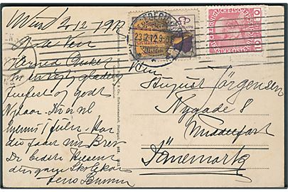 Østrigsk 10 h. Franz Joseph og dansk Agitationsmærke for Skandinavisk Central Understöttelseskasse fra Wien d. 20.12.1912 via Fredericia d. 23.12.1912 til Middelfart.