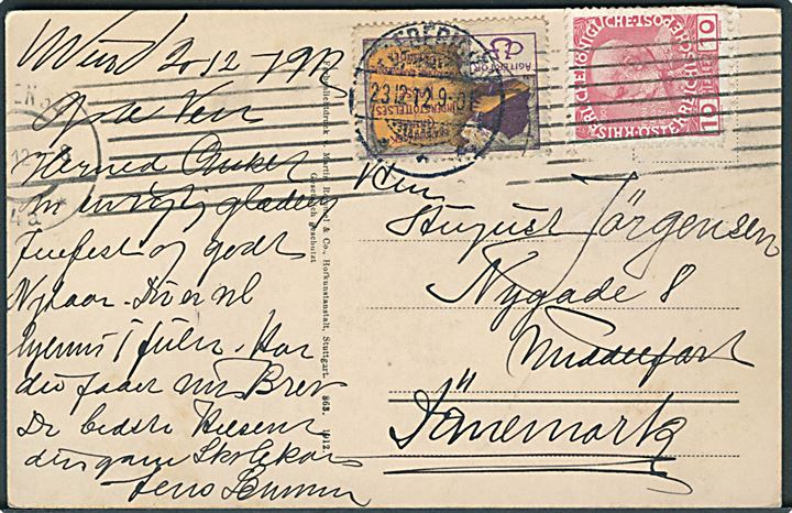 Østrigsk 10 h. Franz Joseph og dansk Agitationsmærke for Skandinavisk Central Understöttelseskasse fra Wien d. 20.12.1912 via Fredericia d. 23.12.1912 til Middelfart.