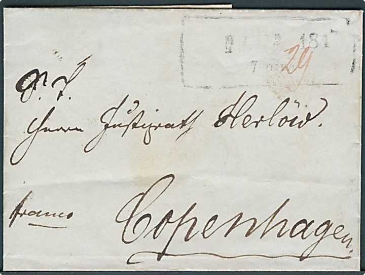 1847 (ca.) Francobrev med rammestempel fra Riga d. 7.6.1847 (?) via Hamburg til København, Danmark.