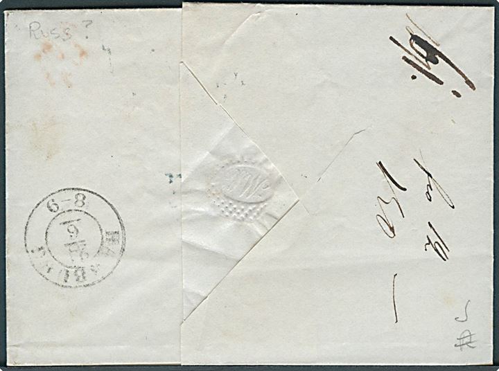 1847 (ca.) Francobrev med rammestempel fra Riga d. 7.6.1847 (?) via Hamburg til København, Danmark.
