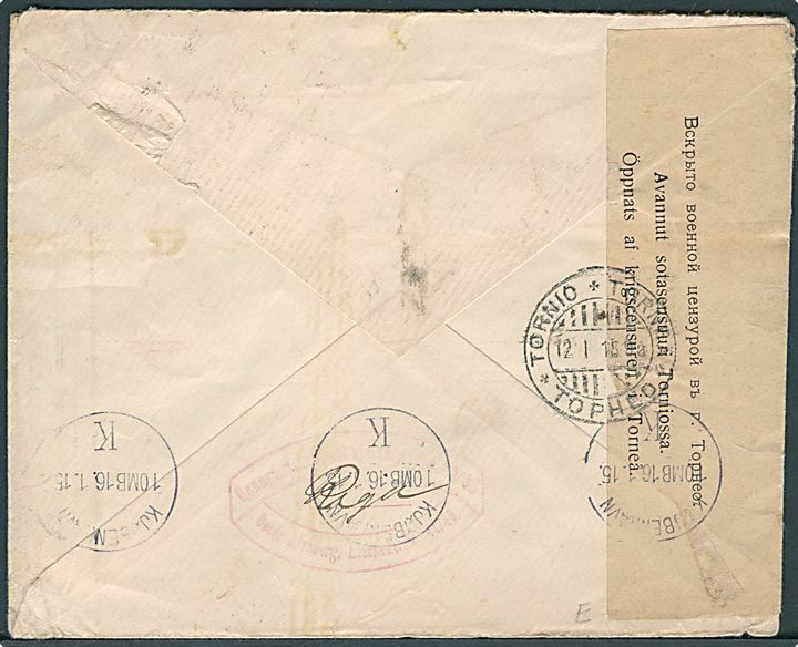 Russisk 10 kop. Romanow på brev annulleret med ovalt stempel Riga Vaksal d. 9.12.1914 til København, Danmark. Åbnet af russisk censur i Torneå, Finland.