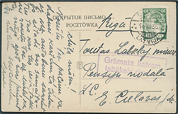 10 s. Våben på brevkort annulleret med svagt stempel d. 18.12.1936 og sidestemplet med postalt propaganda stempel Grämata katram labãkais draugs til Riga.