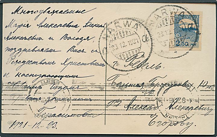 2,50 mk. Tallinn skyline utakket på brevkort fra Narwa d. 23.12.1921 til Tallinn.