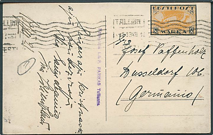 5 mk. Vikingeskib utakket single på brevkort fra Tallinn d. 19.12.1921 til Düsseldorf, Tyskland.