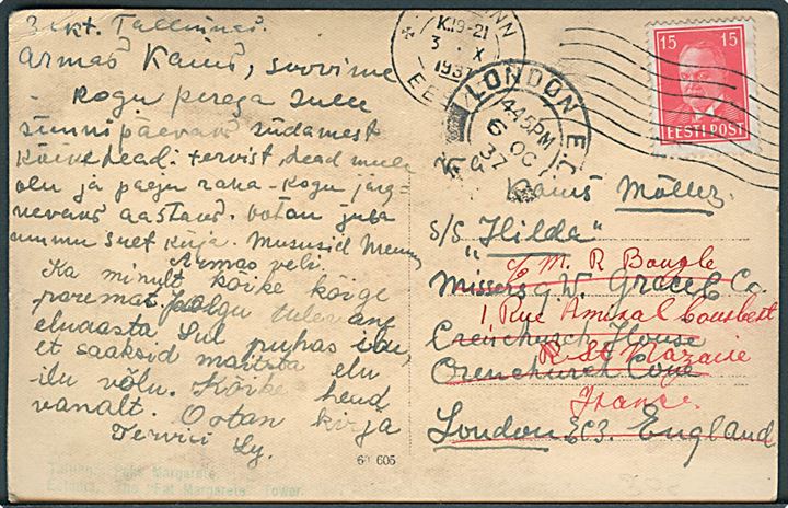 15 s. Päts på brevkort fra Tallinn d. 3.10.1937 til sømand ombord på S/S Hilda i London, England - eftersendt til Frankrig.