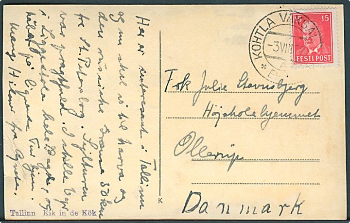 15 s. Päts på brevkort fra Kohtla Vaksal d. 3.8.1938 til Ollerup, Danmark.