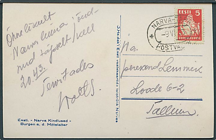 5 s. Sangerfestival på brevkort fra Narva annulleret med ovalt bureaustempel Narva-Tapa d. 9.6.1933 til Tallinn.
