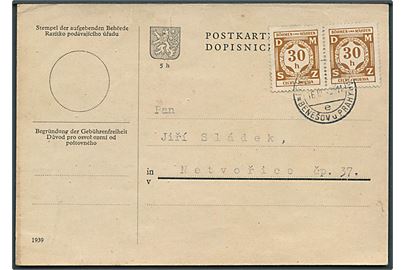 Böhmen-Mähren. 30 h. Tjenestemærke i parstykke på brevkort fra Benesov u. Prahy d. 16.3.1943 til Netvorice.