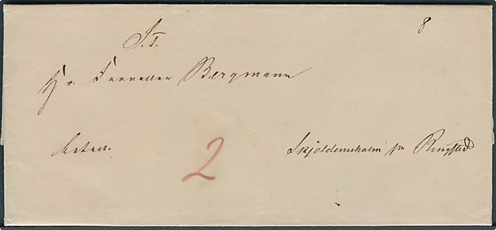 1847. Francobrev påskrevet Betalt med indhold dateret i Slagelse d. 8.8.1847 til Skjoldnesholm pr. Ringsted. Påskrevet 2 sk. bærepenge.