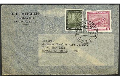 3,80 dollers porto på luftpost brev fra Santiago, Chile, d. 7.9.1949 til Worcester, USA.