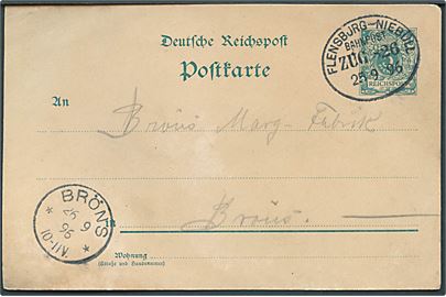 5 pfg. helsagsbrevkort fra Schafflund annulleret med bureaustempel Flensburg - Niebüll Bahnpost Zug 826 d. 25.9.1896 til Bröns. Skjoldet.