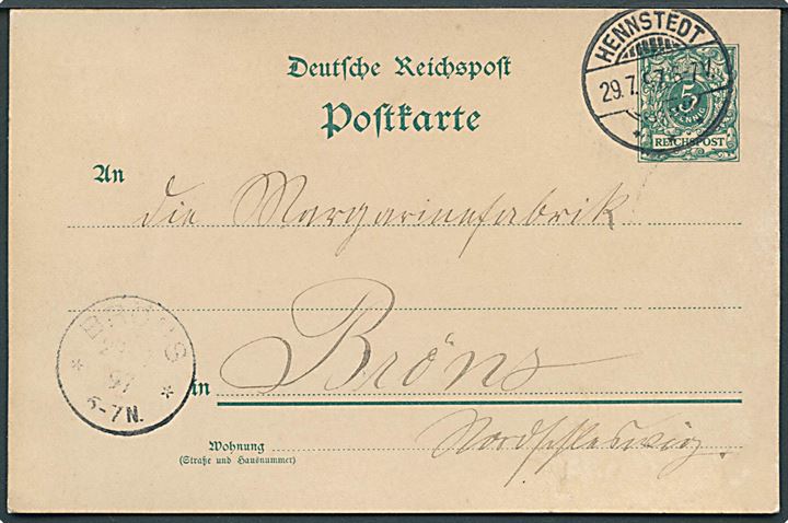 5 pfg. helsagsbrevkort fra Hennestedt d. 29.7.1897 til Bröns.
