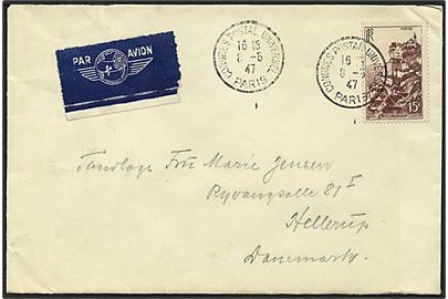 15 frank brun på luftpost brev fra Paris, Frankrig, d. 8.5.1947 til Hellerup.