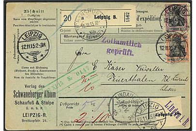 30 pfg. og 50 pfg. Germania på adressekort for pakke fra Leipzig, Tyskland, d. 12.11.1915 via Lindau og Romanshorn til Feuerthalen, Schweiz.